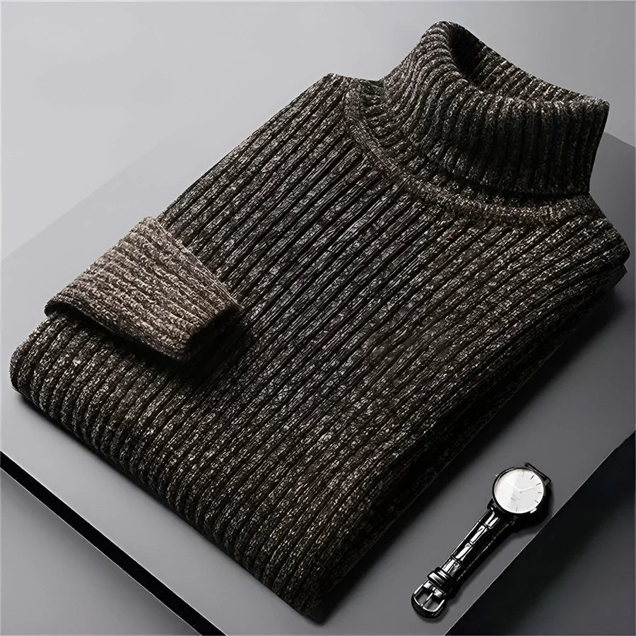 Maxwell ribbed turtleneck sweater, green colorway folded flat