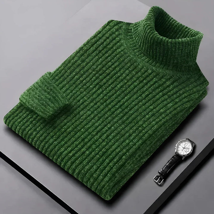 Maxwell ribbed turtleneck sweater, dark grey colorway folded flat