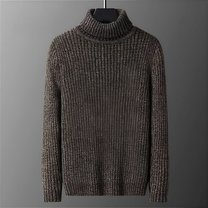 Maxwell ribbed turtleneck sweater, close-up front view on hanger