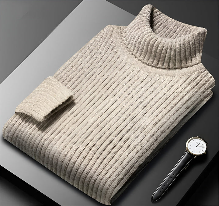 Maxwell ribbed turtleneck sweater, brown colorway folded with watch