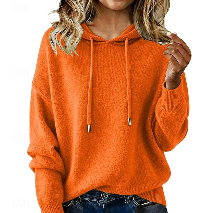 Meredith relaxed hooded knit sweater in orange, front view