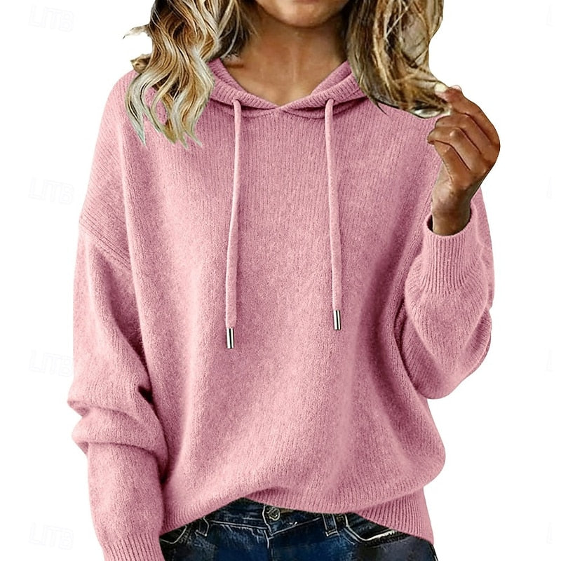 Meredith relaxed hooded knit sweater in orange, front view