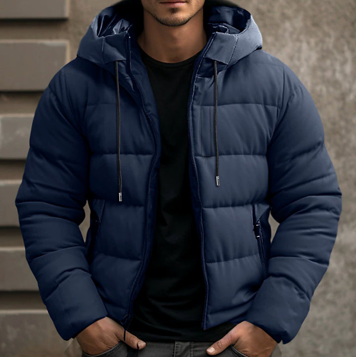 Nathaniel navy quilted hooded puffer jacket, front view with hood up
