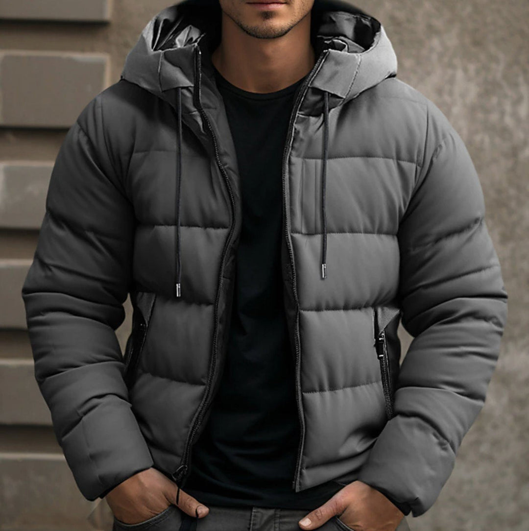 Nathaniel gray quilted hooded puffer jacket, front view with hood up