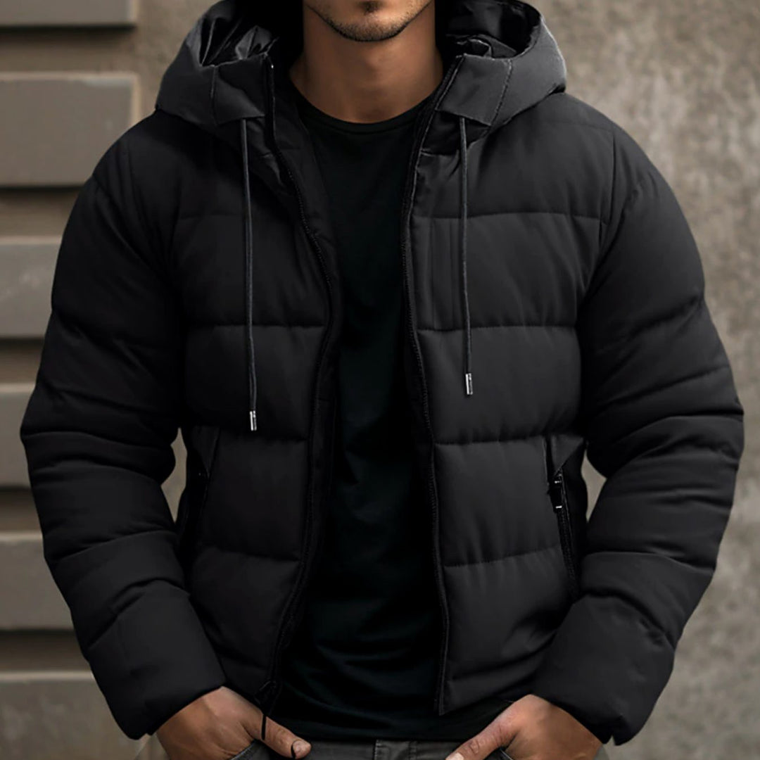 Nathaniel black quilted hooded puffer jacket, front view with hood up
