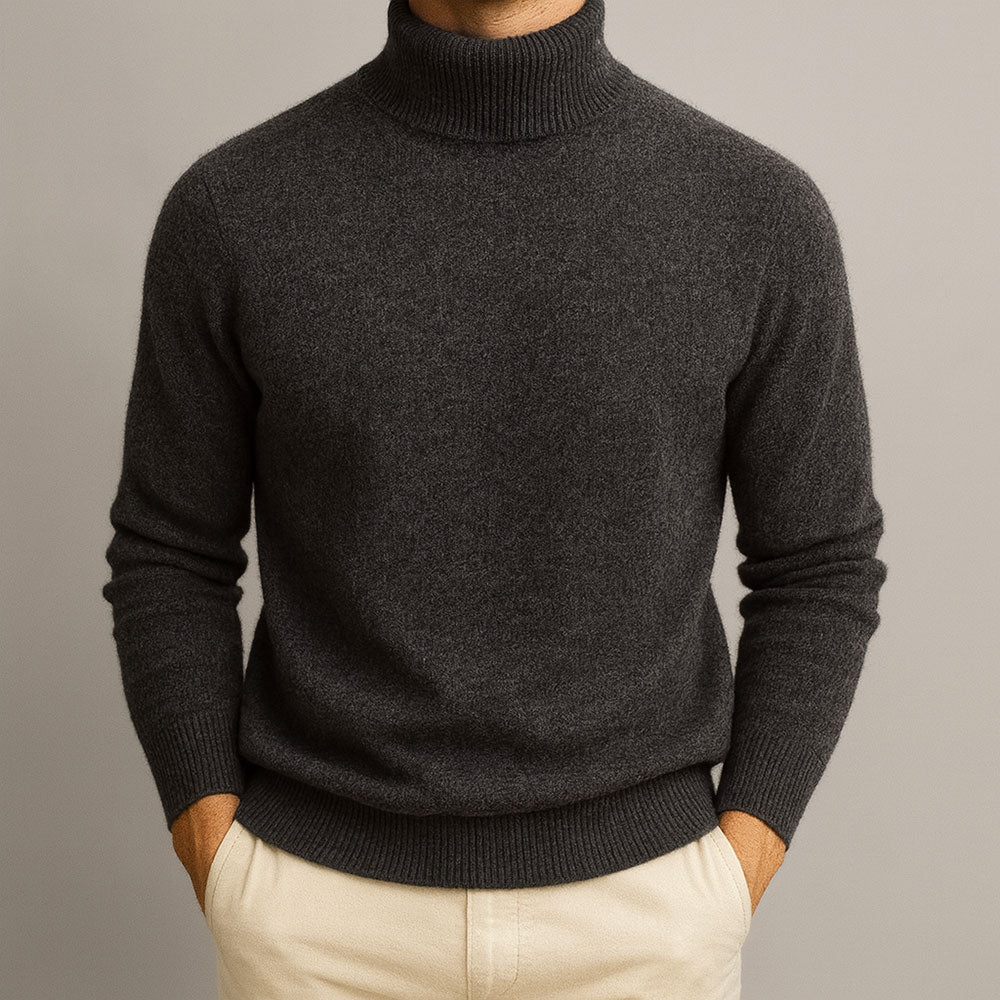 Nathaniel charcoal turtleneck sweater front view on model