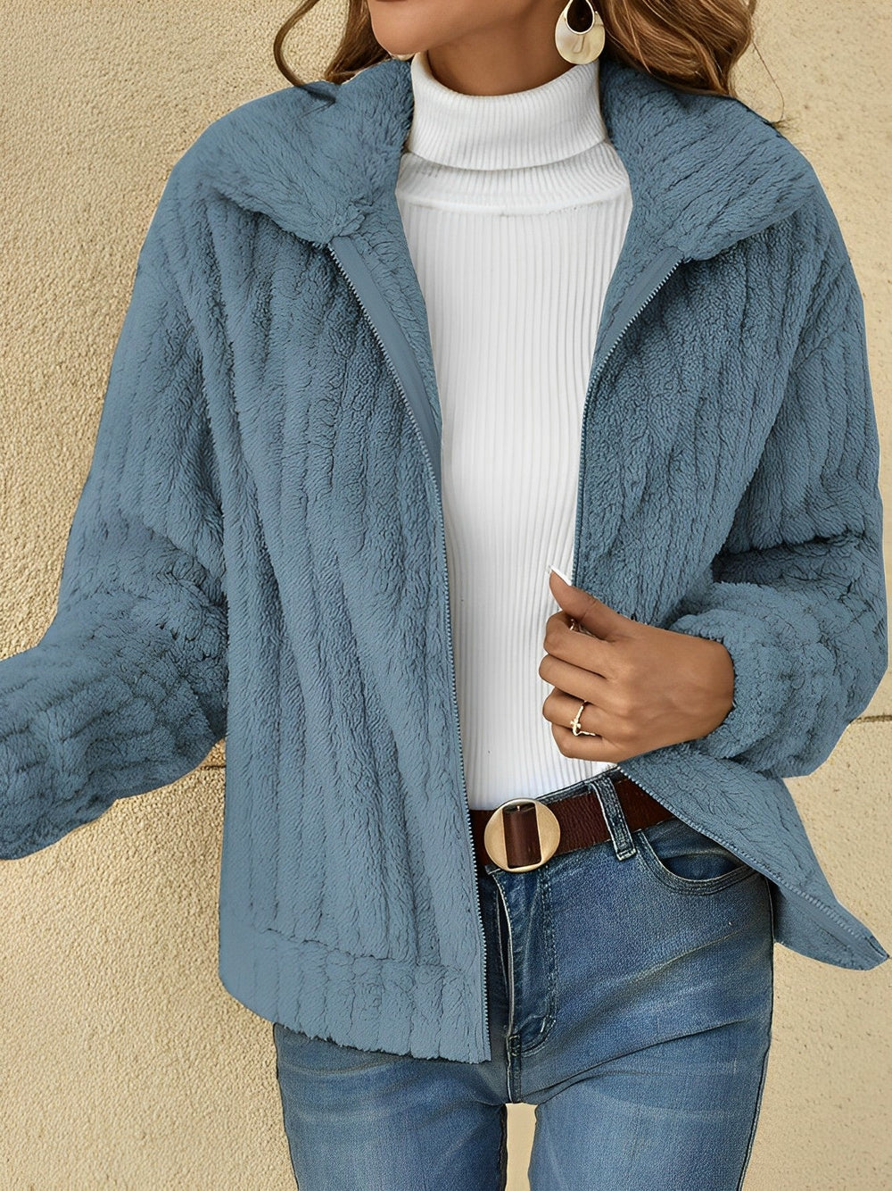Odalys textured teddy coat in blue, front view with collar detail