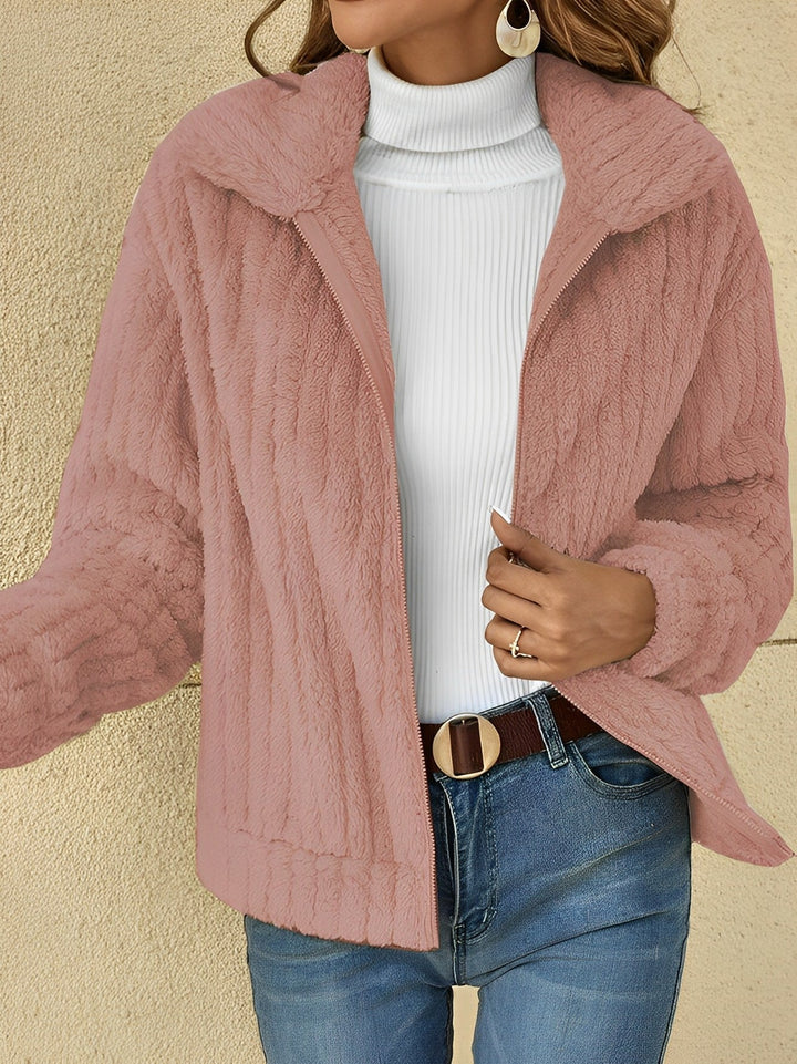 Odalys textured teddy coat in pink, close-up front view