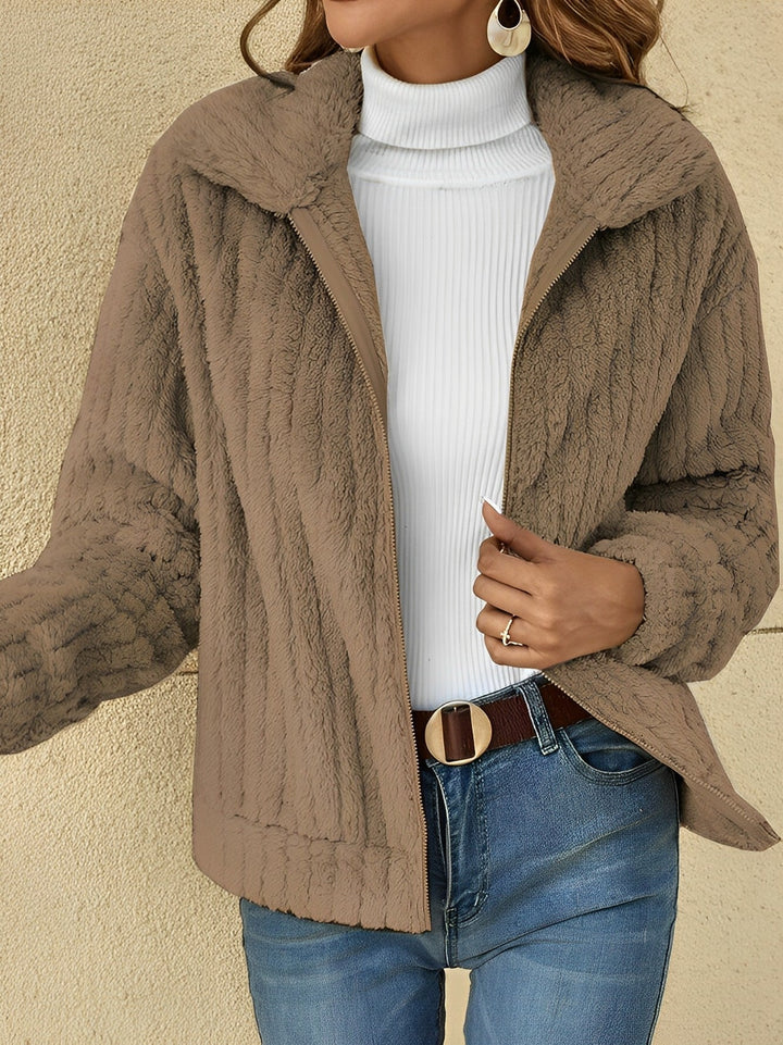 Odalys textured teddy coat in taupe brown, front view styled with jeans