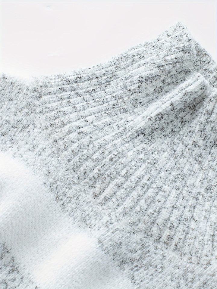 Odessa oversized striped turtleneck sweater, seated front view highlighting high neck