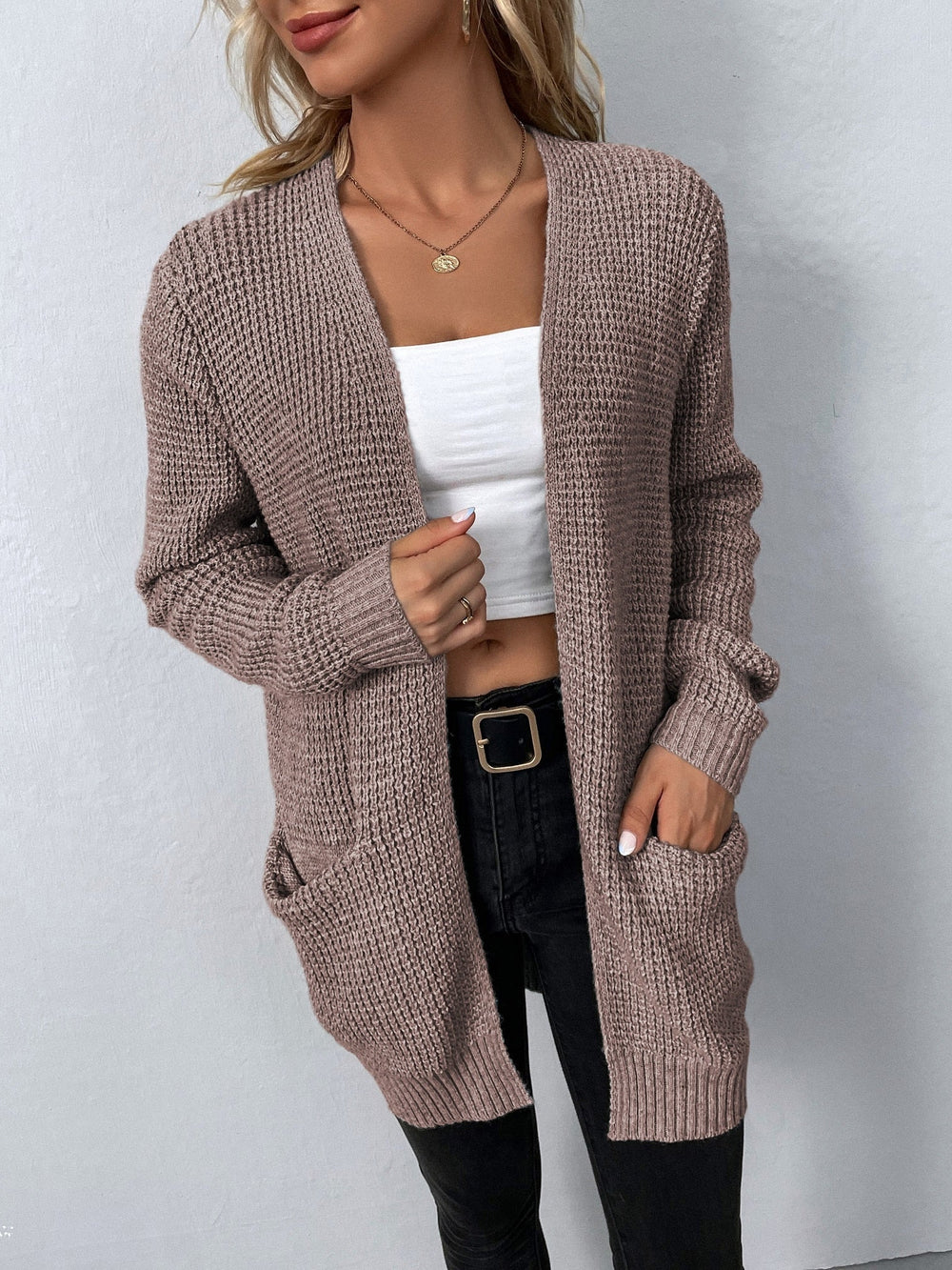 Ottoline mauve open front long cardigan, close-up view
