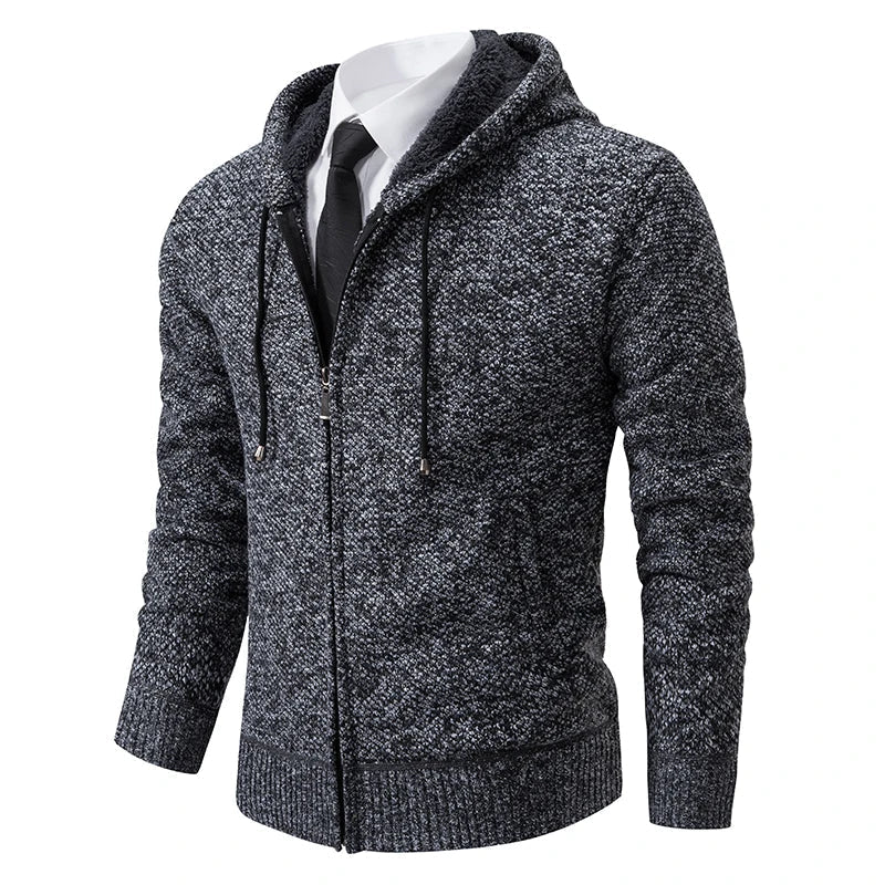 Peregrine hooded zip-up cardigan, close front view in dark gray