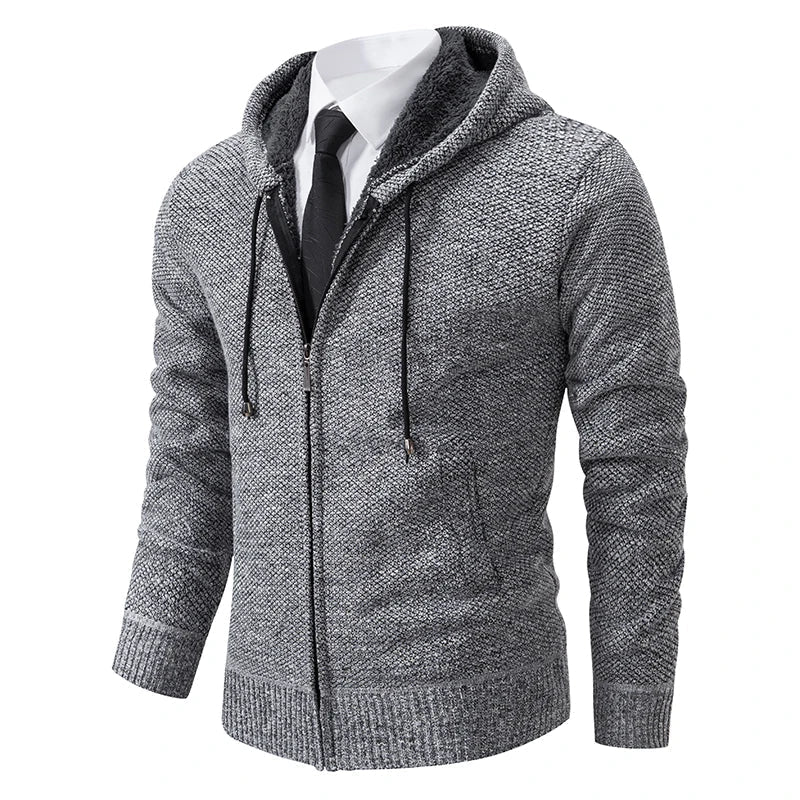 Peregrine hooded zip-up cardigan, front angled view in light gray