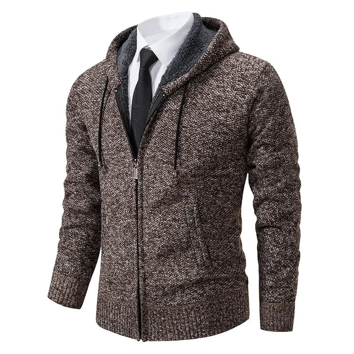 Peregrine hooded zip-up cardigan, front angled view in brown