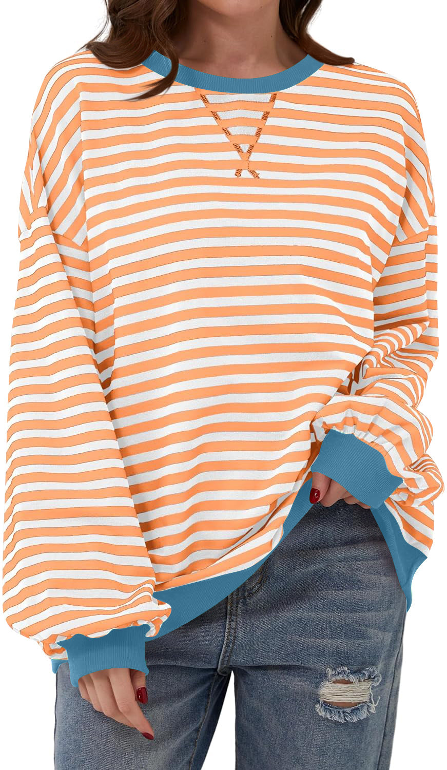 Priscilla blue and white striped oversized sweater, close-up front view