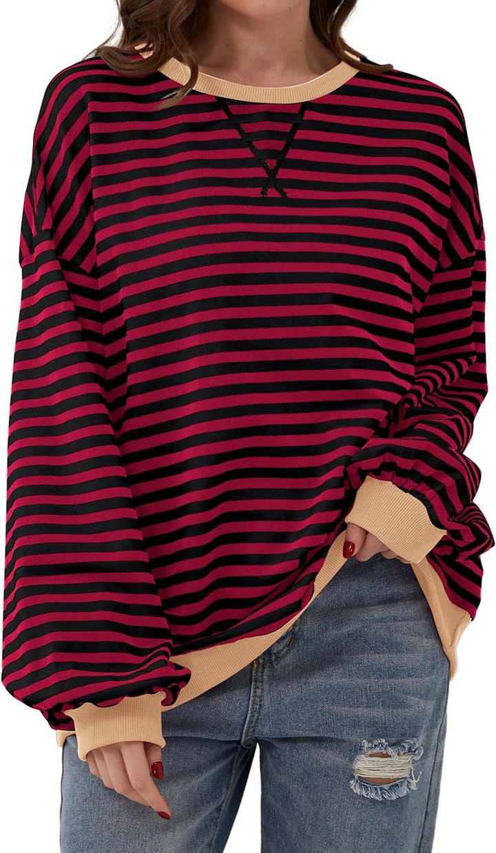 Priscilla purple and blue striped oversized sweater, close-up front view