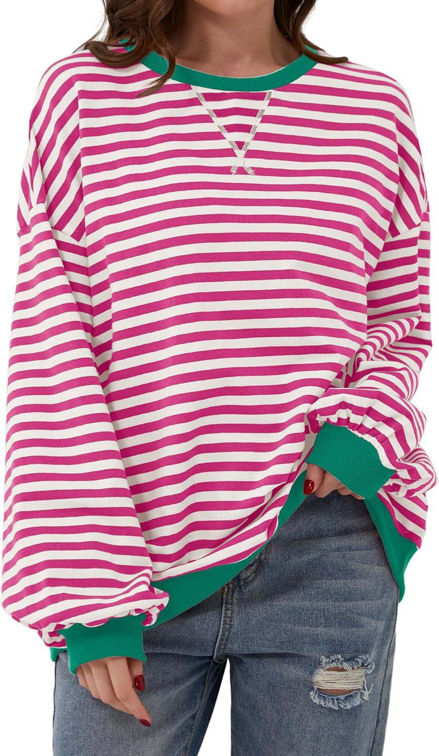 Priscilla pink and black striped oversized sweater, close-up front view