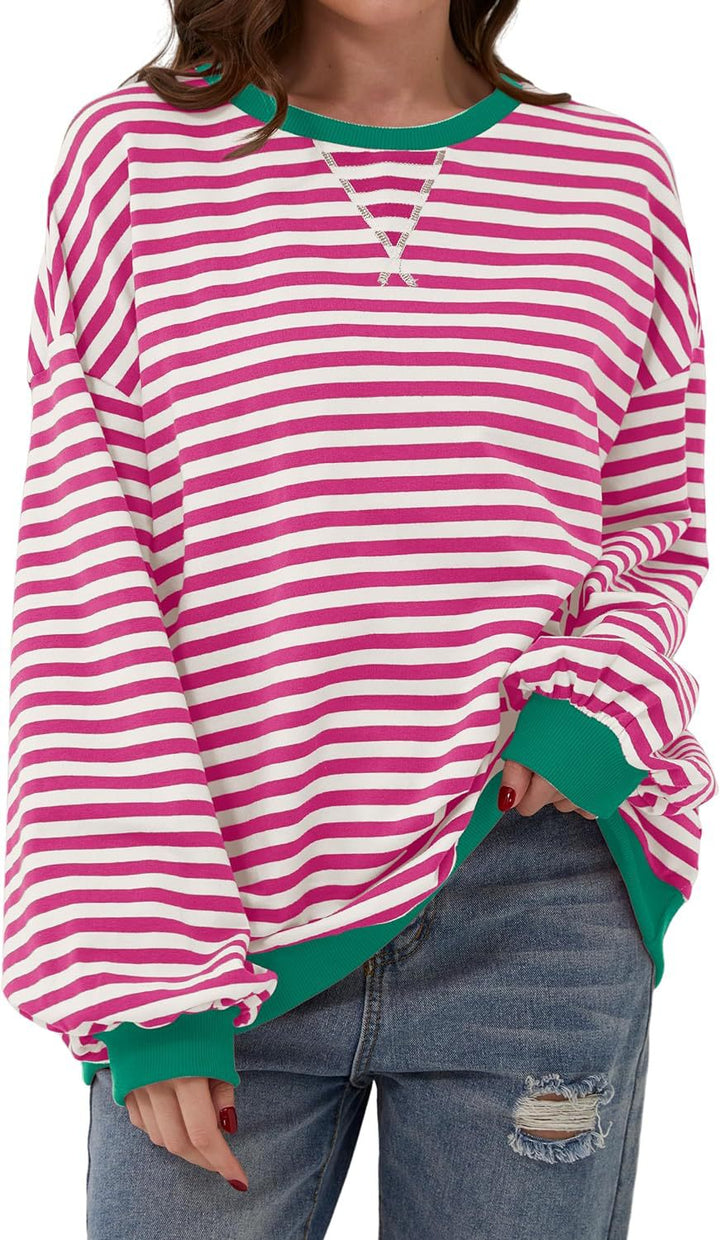 Priscilla pink and black striped oversized sweater, close-up front view