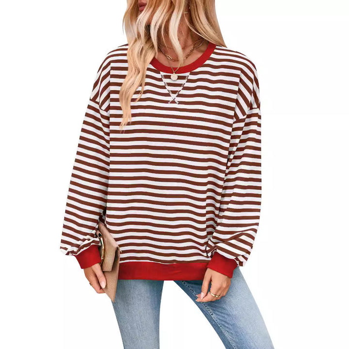 Priscilla pink striped oversized sweater with green trim, close-up front view