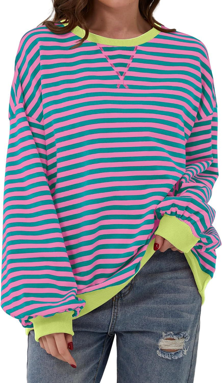 Priscilla brown and white striped oversized sweater with red trim, close-up front view
