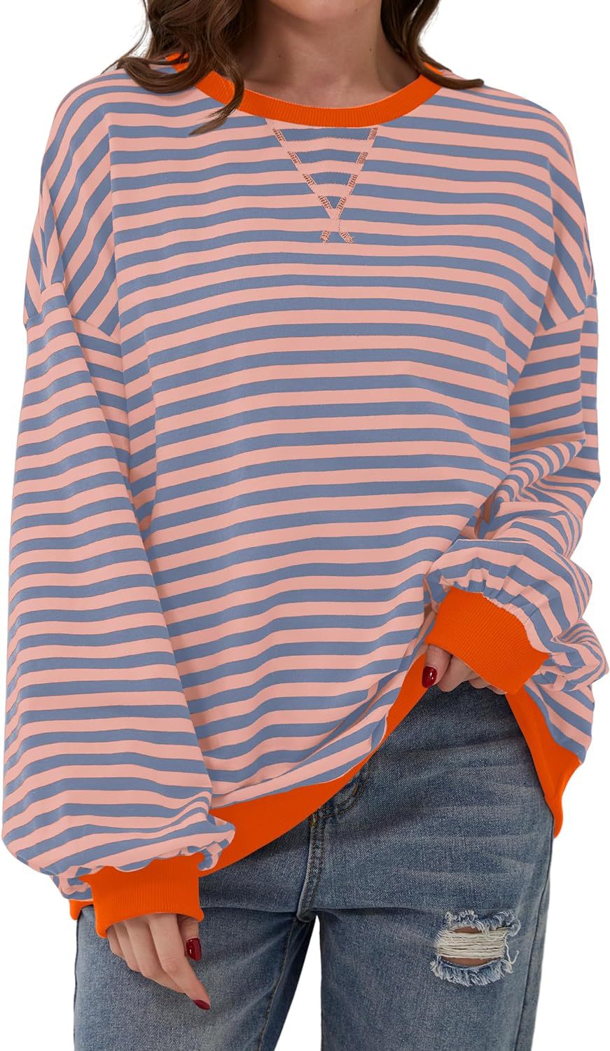 Priscilla green and navy striped oversized sweater, close-up front view