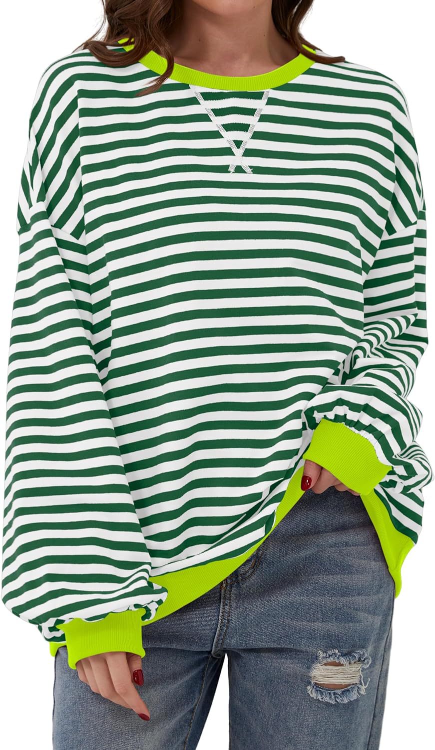Priscilla pink and blue striped oversized sweater, close-up front view