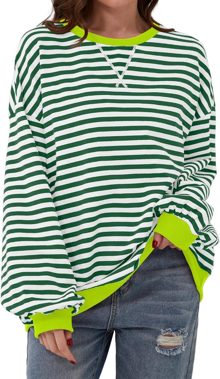 Priscilla pink and blue striped oversized sweater, close-up front view