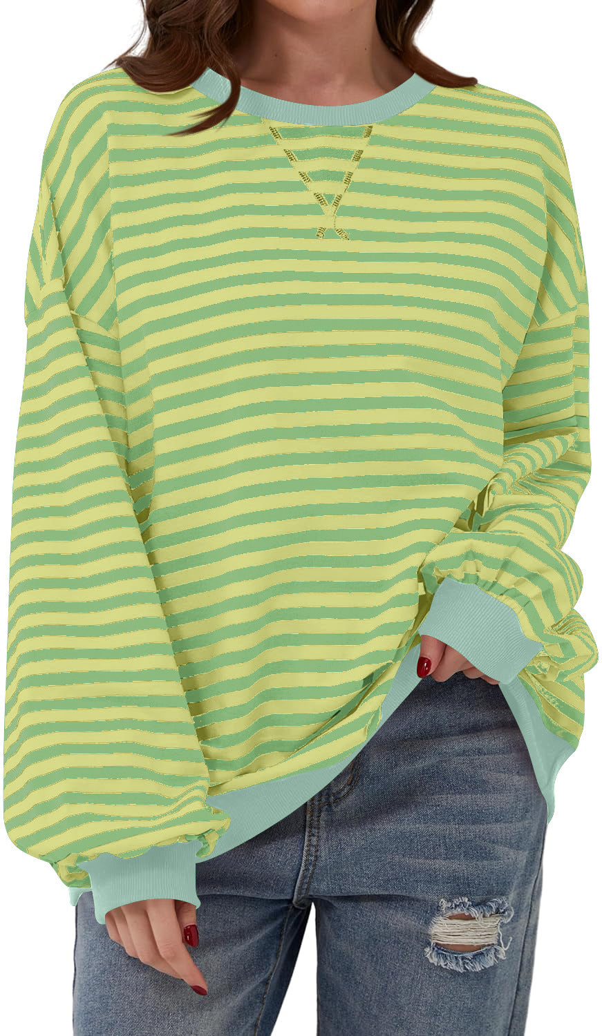 Priscilla green and white striped oversized sweater, close-up front view