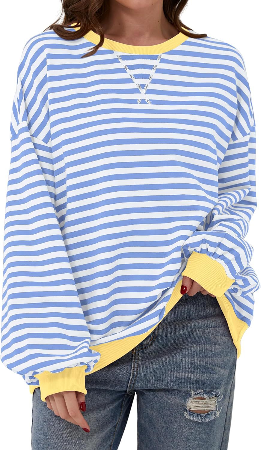 Priscilla yellow and green striped oversized sweater, close-up front view