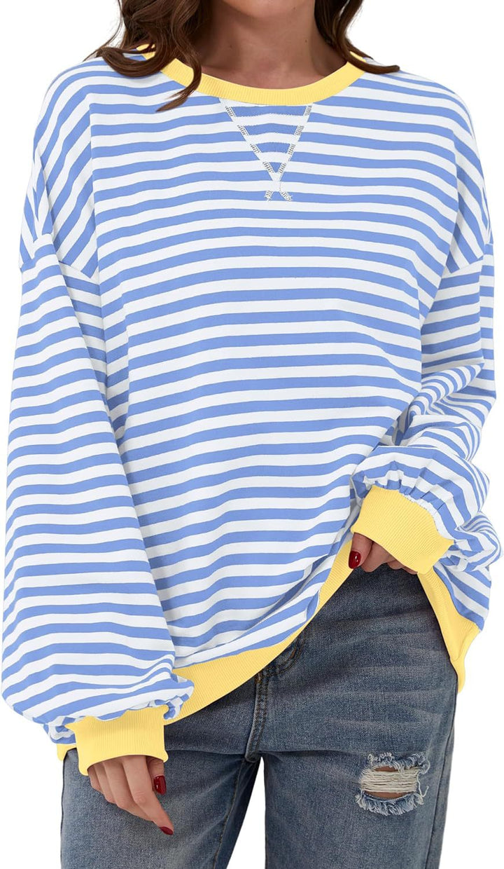 Priscilla yellow and green striped oversized sweater, close-up front view