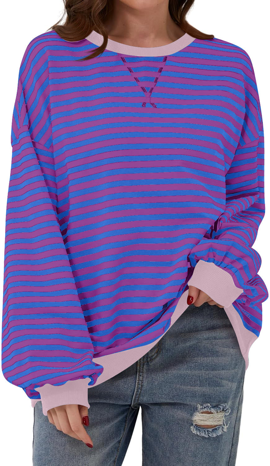 Priscilla navy and blue striped oversized sweater, close-up front view