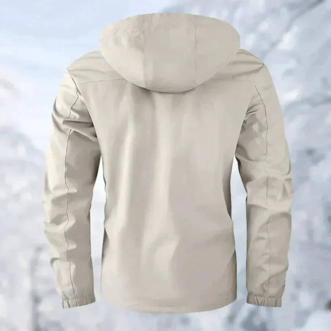Reginald hooded waterproof jacket in cream, back view