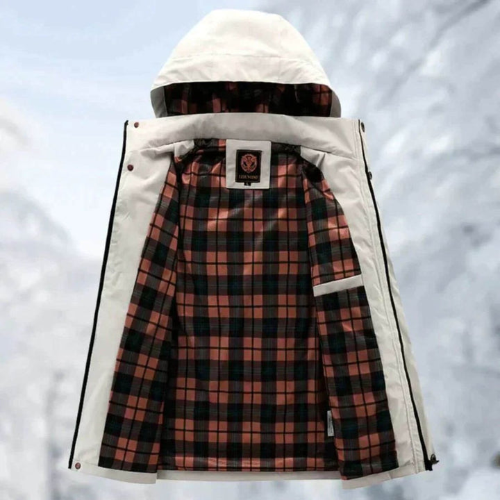Reginald jacket open showing plaid lining and hood