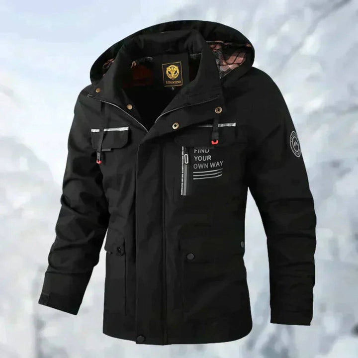 Reginald hooded waterproof jacket in black, front view