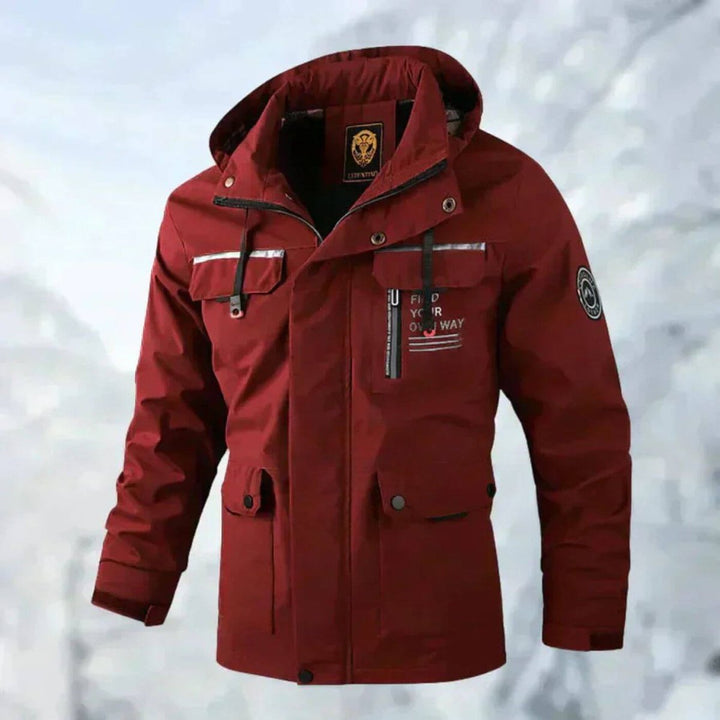 Reginald hooded waterproof jacket in red, front view