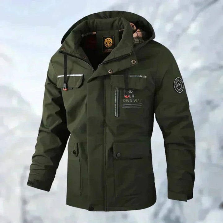 Reginald hooded waterproof jacket in olive green, front view