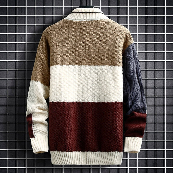 Roland colorblock chunky knit sweater, back view on hanger