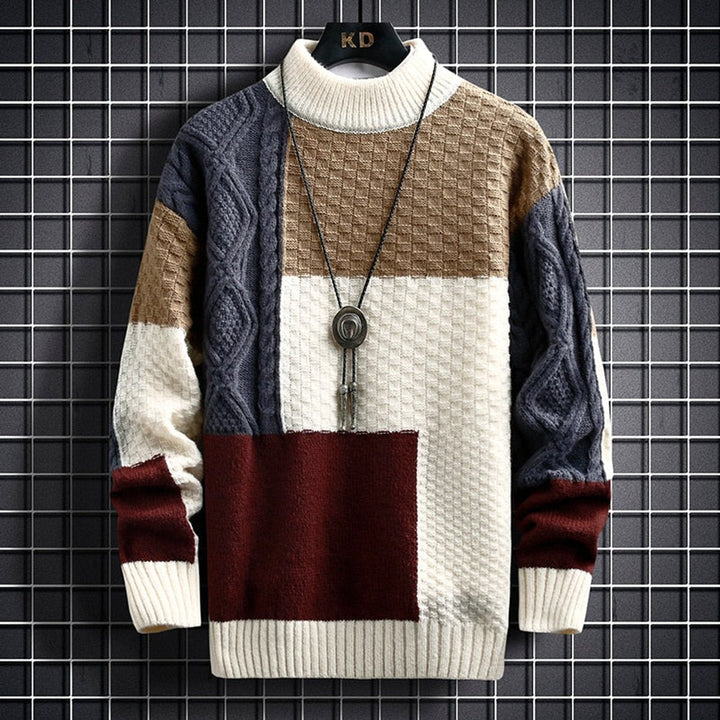 Roland colorblock chunky knit sweater with cable knit sleeve, front view