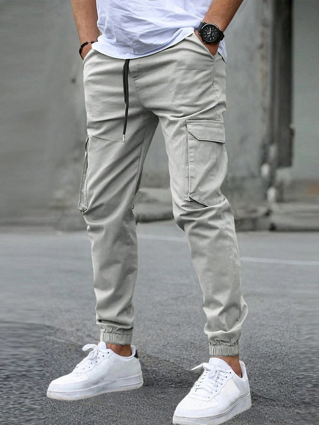 Ronan light gray cargo joggers, full side view standing