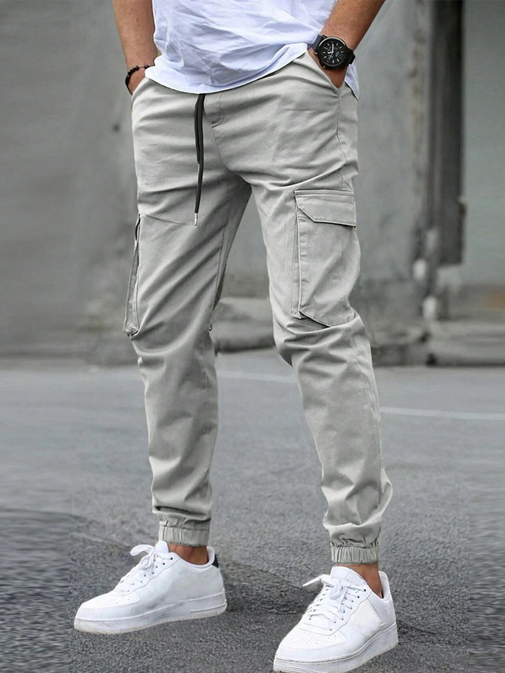 Ronan light gray cargo joggers, full side view standing