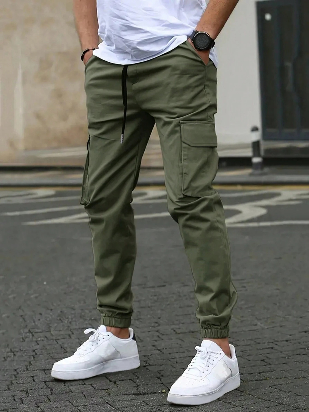 Ronan olive green cargo jogger pants, front side view