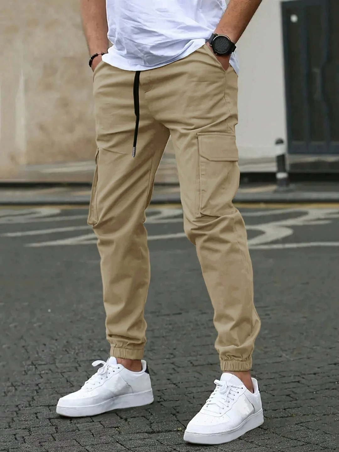 Ronan khaki cargo jogger pants, front side view