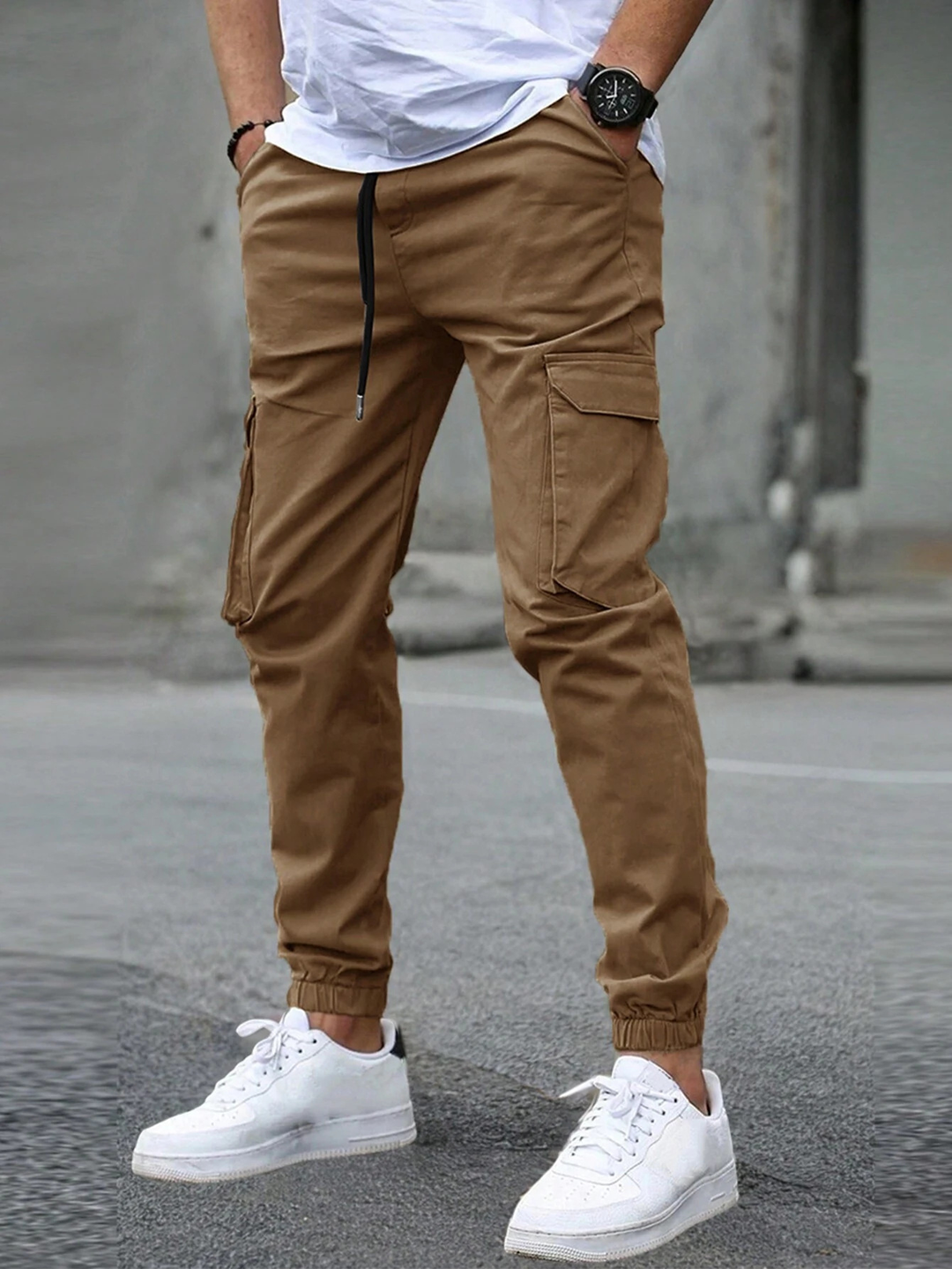 Ronan tan cargo jogger pants, back side view