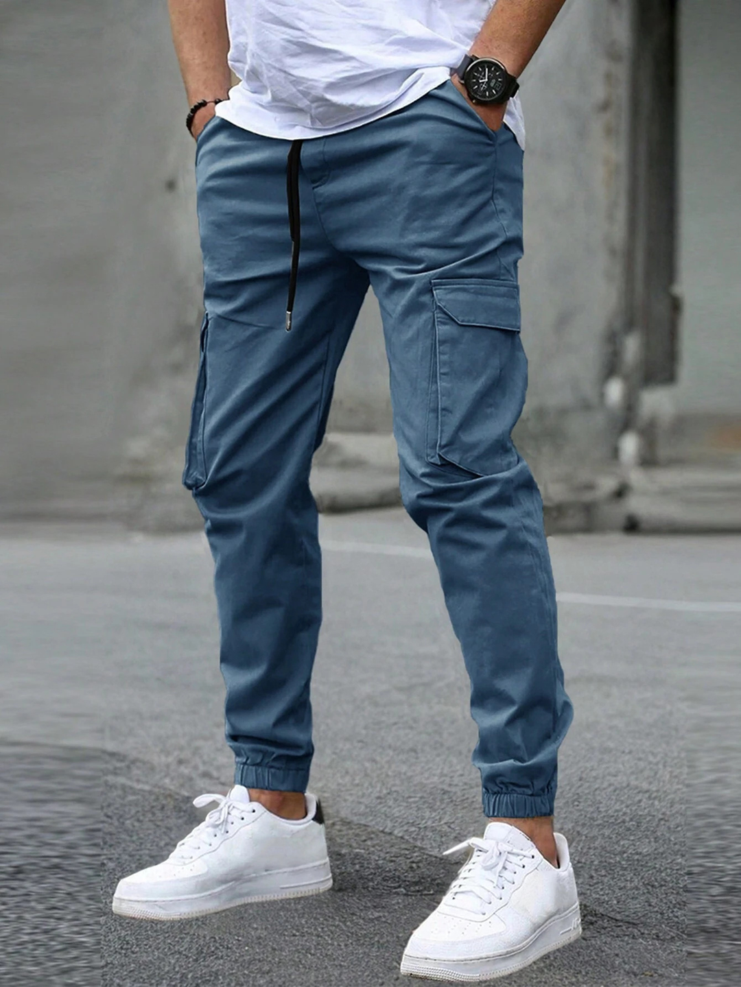 Ronan blue cargo jogger pants, front side view