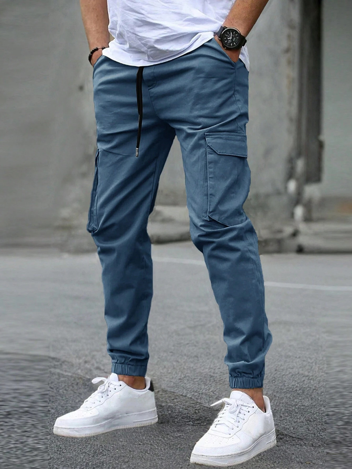 Ronan blue cargo jogger pants, front side view