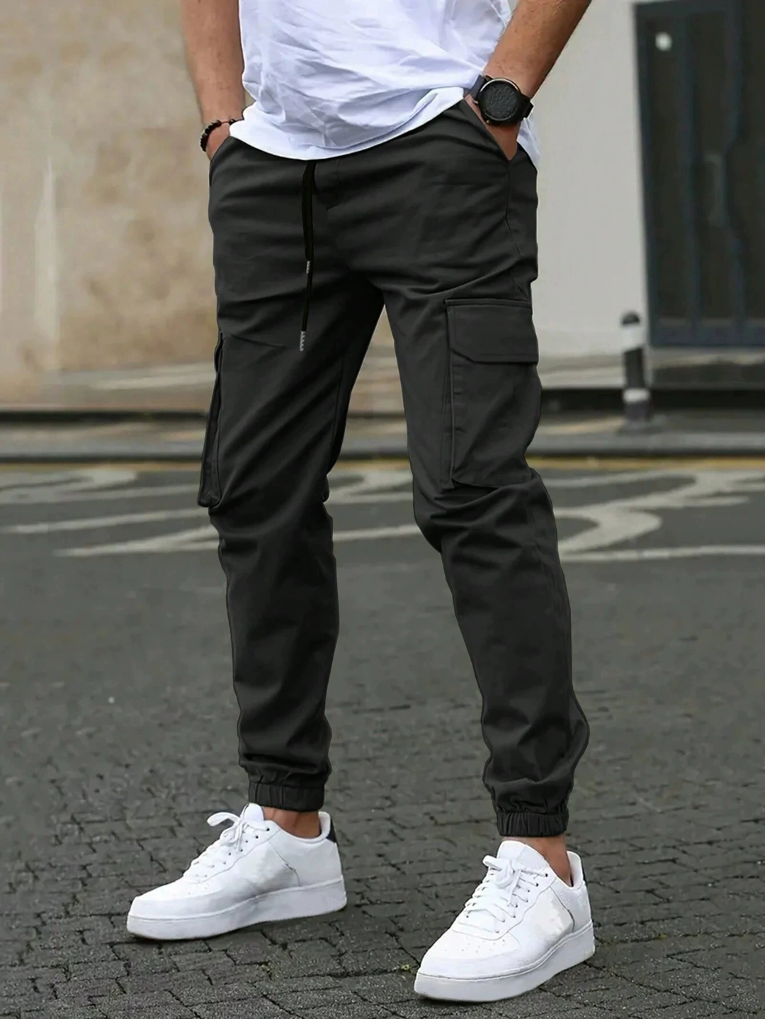 Ronan black cargo jogger pants, front side view