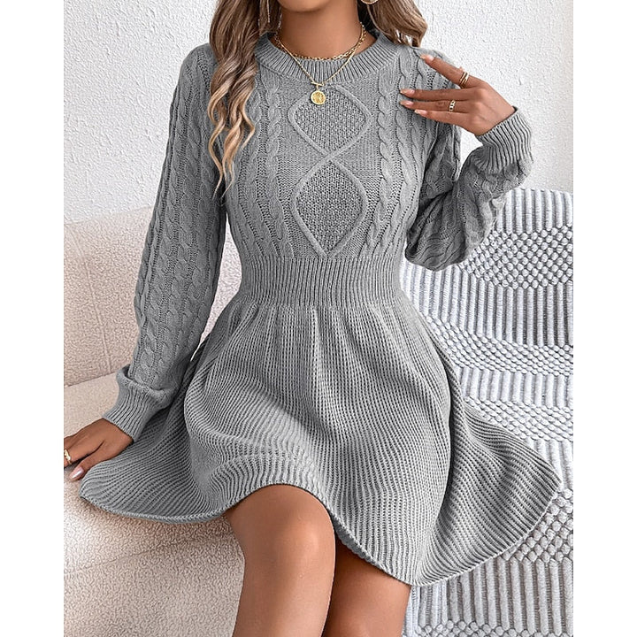 Rosalie cable-knit crew neck sweater dress, close-up front view