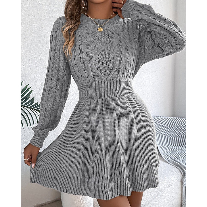 Rosalie cable-knit sweater dress, front view with hand near collar
