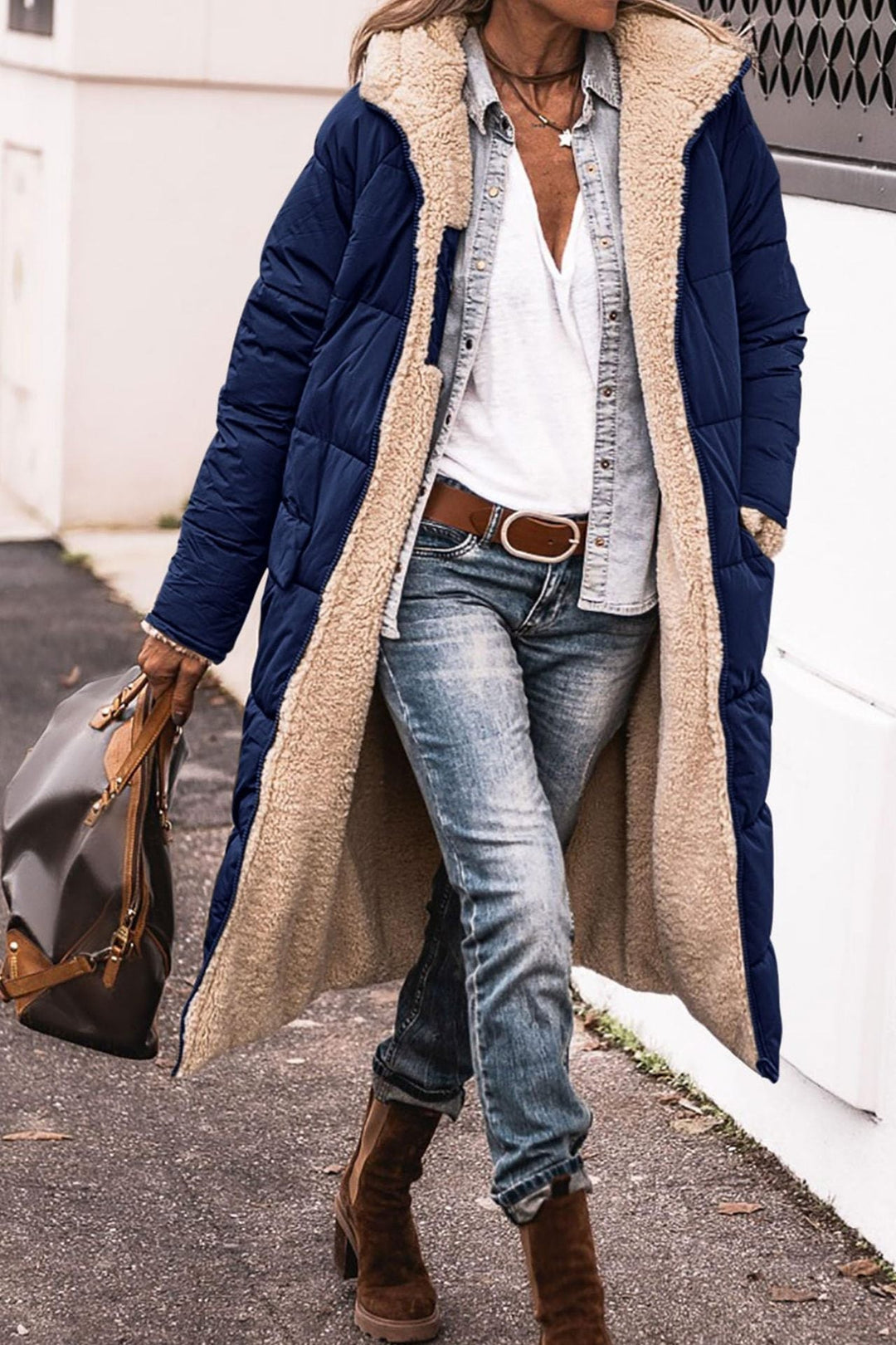 Rosalie reversible hooded long puffer coat in navy with contrast lining, front view