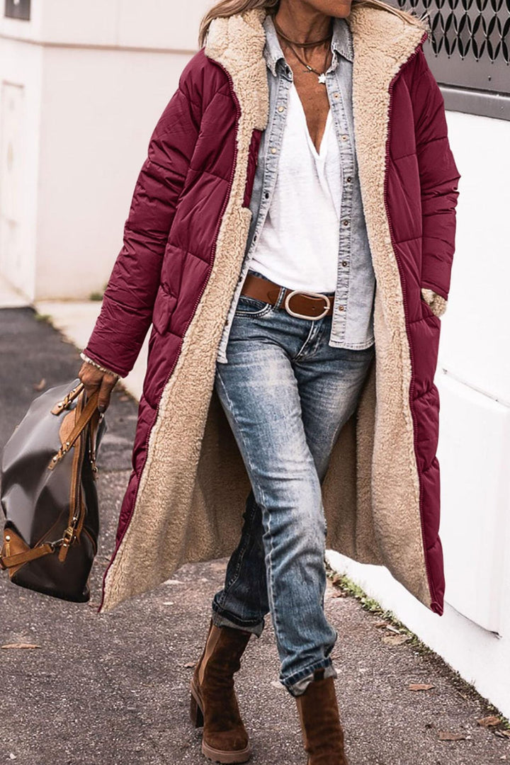 Rosalie reversible hooded long puffer coat in burgundy with contrast lining, front view